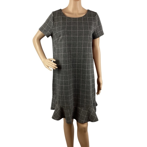 LOFT Gray Windowpane Plaid Ruffle Hem Shift Dress Size 8 - Picture 1 of 7